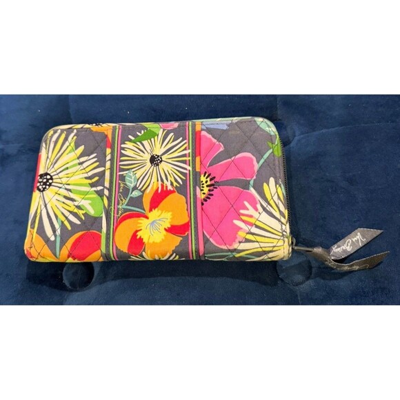 Vera Bradley Jazzy Blooms 8” Wallet Gray Pink Orange Green Zip Compartments - Picture 1 of 5